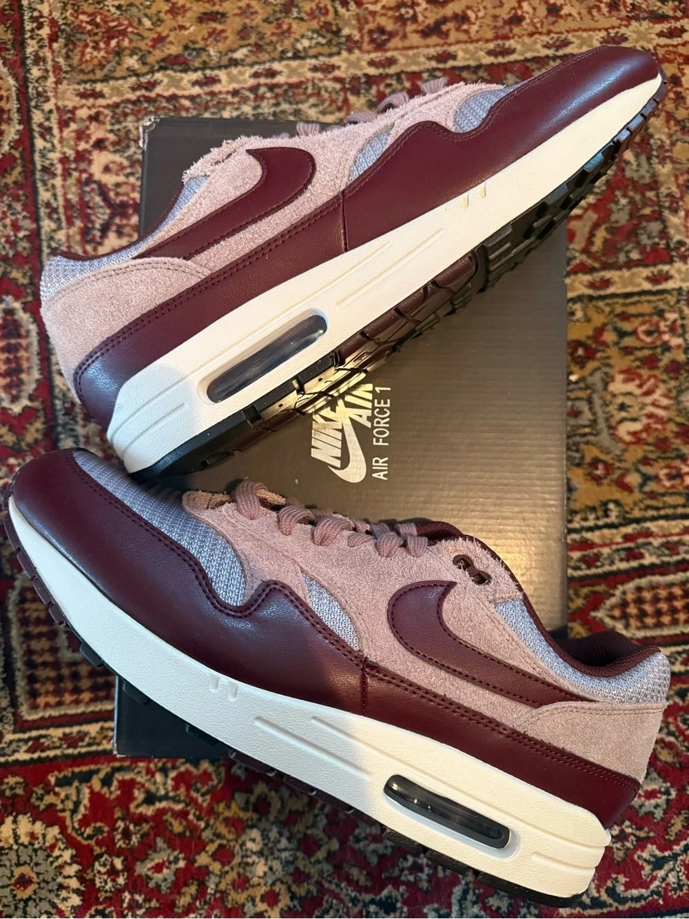Nike Air Max 1 Essential PRM Cement Grey Burgundy Crush -  and Light Pink